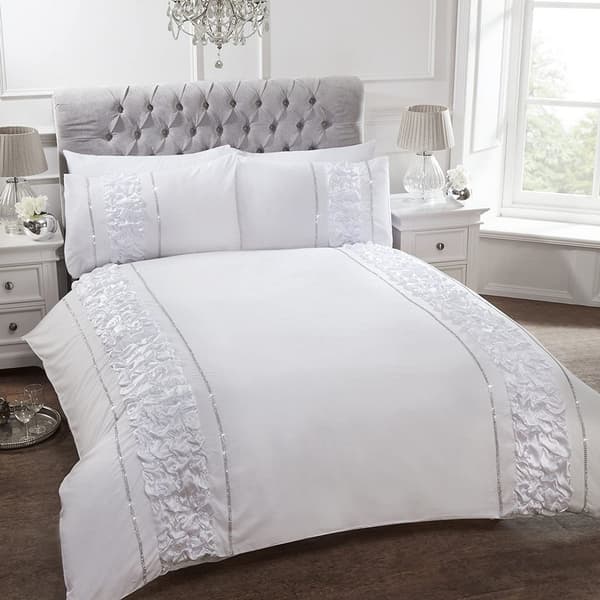 Rapport Provence Diamante Ruffled Duvet Cover Set White Superking