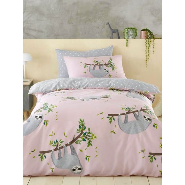 Sloth Hanging Out Duvet Cover Set Pink/Grey Single
