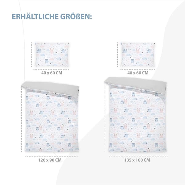 Babybäddset 90 x 120 cm - set med barnsängkläder, kuddar 40x60 och påslakan ugglor med ljusgrå