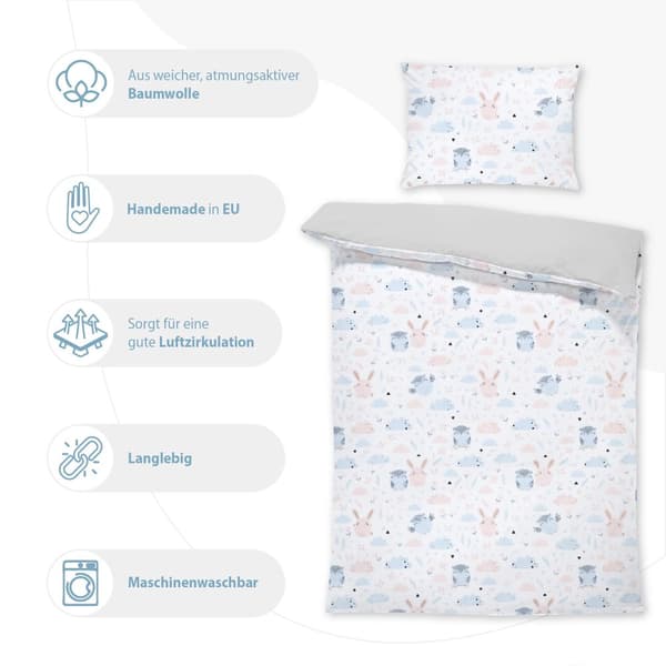 Babybäddset 90 x 120 cm - set med barnsängkläder, kuddar 40x60 och påslakan ugglor med ljusgrå