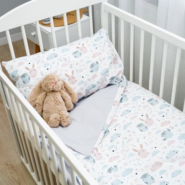 Babybäddset 90 x 120 cm - set med barnsängkläder, kuddar 40x60 och påslakan ugglor med ljusgrå