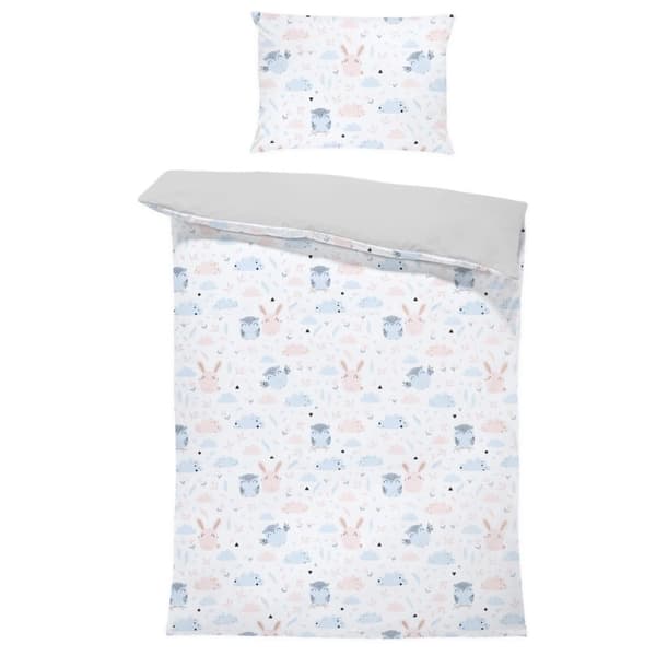 Babybäddset 90 x 120 cm - set med barnsängkläder, kuddar 40x60 och påslakan ugglor med ljusgrå
