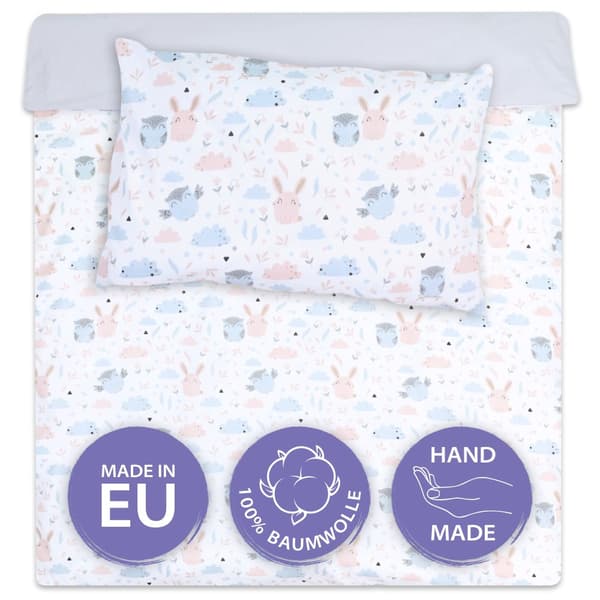 Babybäddset 90 x 120 cm - set med barnsängkläder, kuddar 40x60 och påslakan ugglor med ljusgrå
