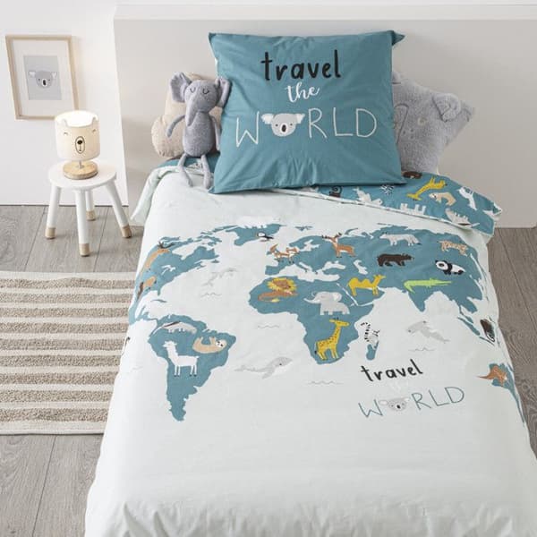 Påslakanset 140 x 200 "World Map" Vändbar 100% Bomull / 57 Trådantal/cm²