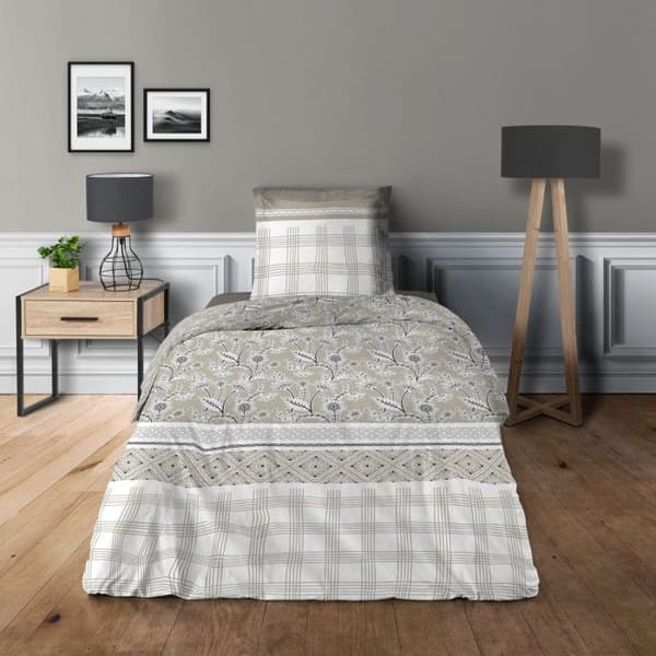 Sängtäckenset 90 x 190 cm Taupe-blommigt 100% bomull / 57 trådar/cm²