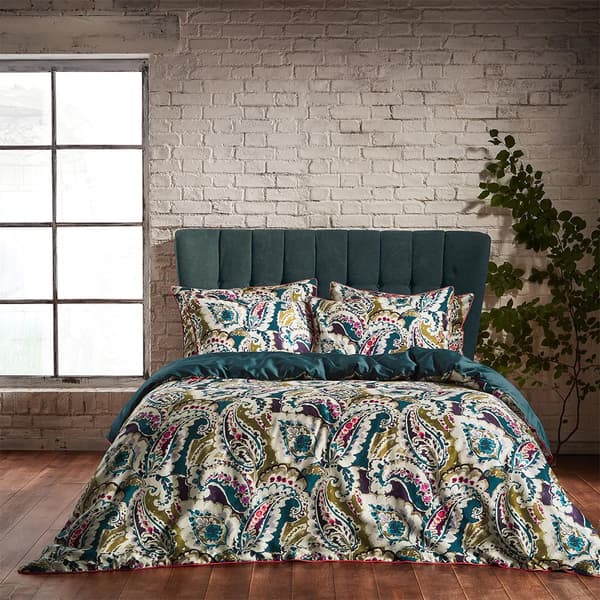 EW By Edinburgh Weavers Aretha Contrast Piping Sateen Paisley Duvet Cover Set Teal/Olive Double