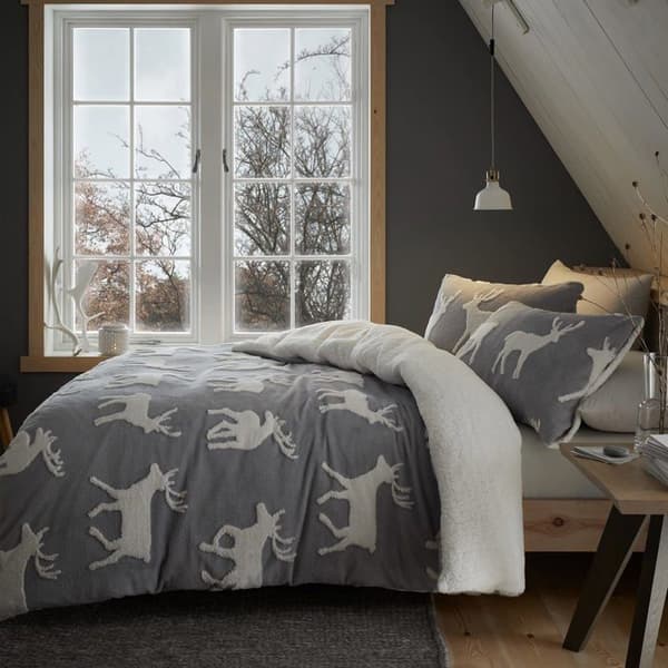 Catherine Lansfield - Påslakanset - Sängset med påslakan och örngott Rådjursmönster Grå King Size