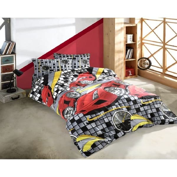 Sängkläder - SPEED - Röd - Duvetöverdrag 140x200cm - Kudde 65x65cm - 80% Bomull