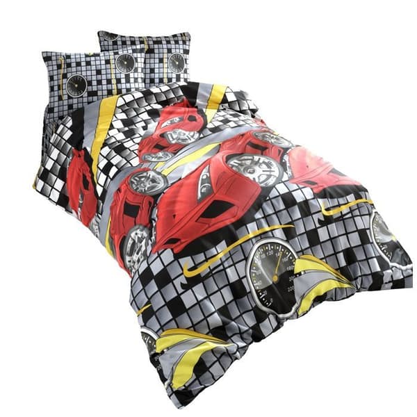 Sängkläder - SPEED - Röd - Duvetöverdrag 140x200cm - Kudde 65x65cm - 80% Bomull
