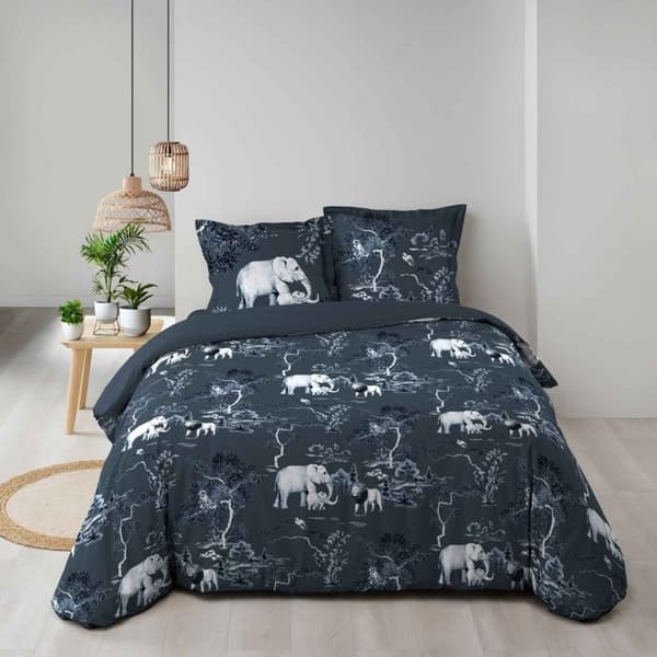 Sängkläder - Elefanter - 240 x 220 cm - 2 örngott - 100% bomull - Blå och grå