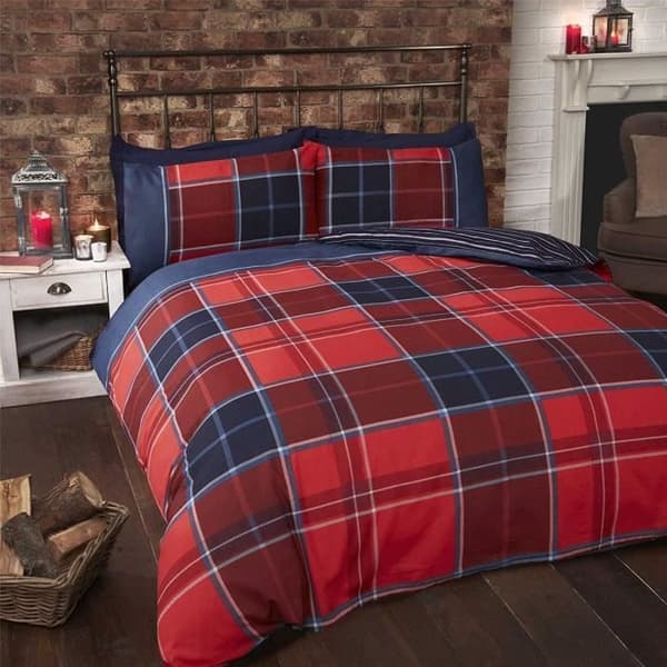Tartan Check Stripes Röd Blå Vit Bomullsblandning Dubbelt påslakan