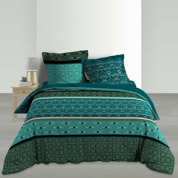 Duvetöverdrag - Percale - Grafisk - Blågrön och grön - 260 x 240 cm - 3 delar