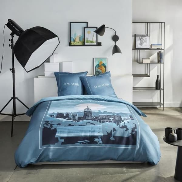 Sängkläder - IDAG - JAVA - 2 personer - 240x220 cm - Bomull - New York-tryck - Blå