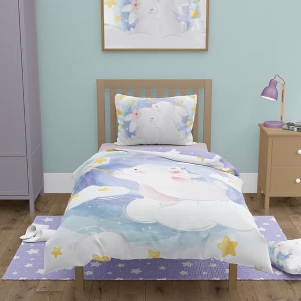 Sängkläder för baby i bomull - Blå Kanin - Påslakan 100x135 cm - Kuddfodral 40x60 cm - Oeko Tex