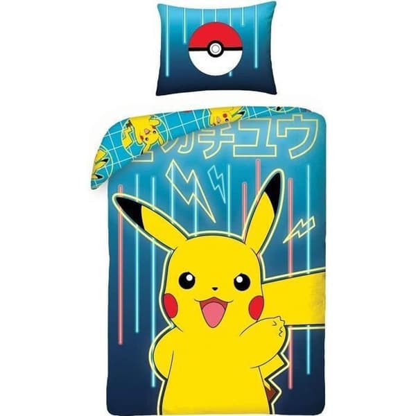 Pokemon Neon Sängkläder Set 100% Bomull - Vändbart påslakan 140x200 cm + Örngott