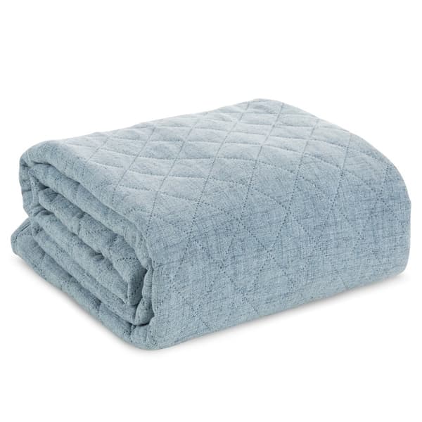 Dekorativt LINEN överkast 170x210 blått quiltat i ett geometriskt mönster