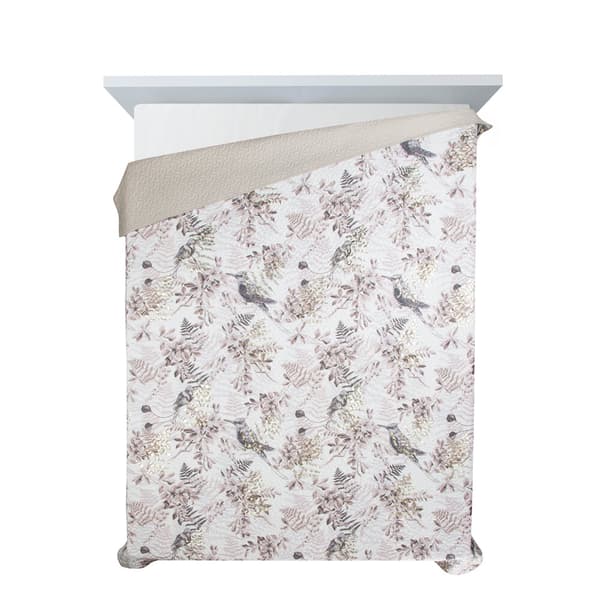Dekorativt sengetæppe POLY 170x210 hvide flerfarvede kviste blomster fugle