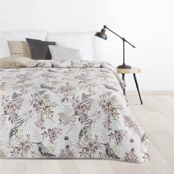 Dekorativt sengetæppe POLY 170x210 hvide flerfarvede kviste blomster fugle
