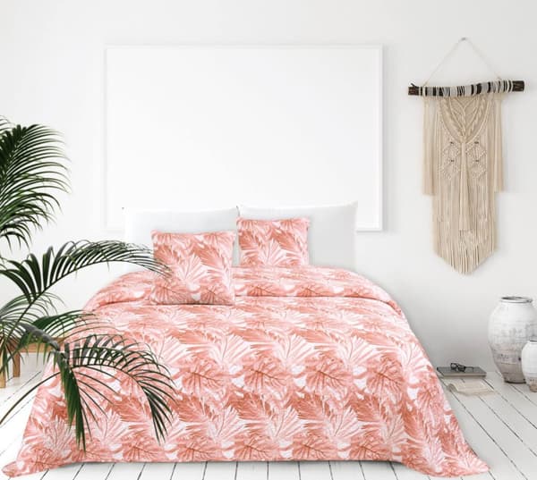 HIBISCUS dekorativt tæppe 240x260 quiltet pudderhvide blade