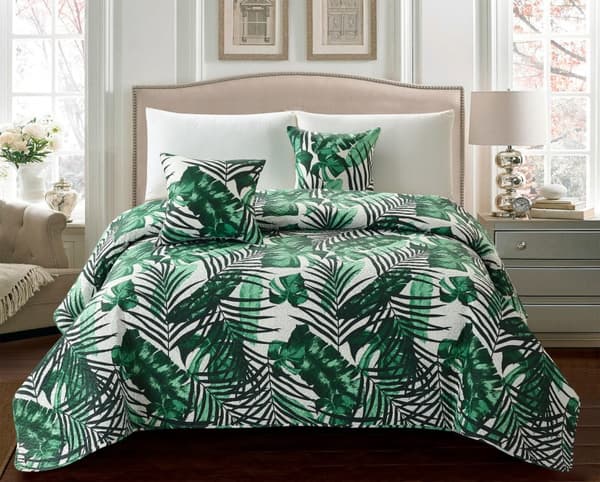 JUNGLE dekorativ filt 220x240 quiltad krämgröna svarta tropiska blad