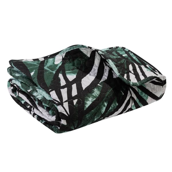 JUNGLE dekorativ filt 220x240 quiltad krämgröna svarta tropiska blad