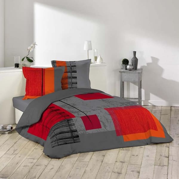 Påslakanset - DOUCEUR D'INTERIEUR - QUADRO - 100% bomull - Grå/Orange/Svart