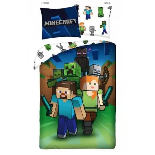 Sängkläder - Minecraft - 140x200 cm - 100% bomull - Påslakan och örngott - Grön, blå, vit