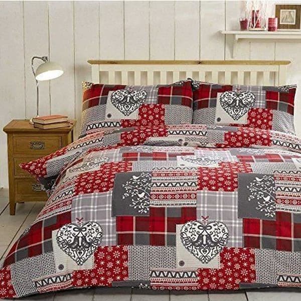 Christmas Heart Patchwork Flanell 100% Borstad bomull Sängkläder Set med påslakan och 2 örngott Sängkläder Set, Röd...