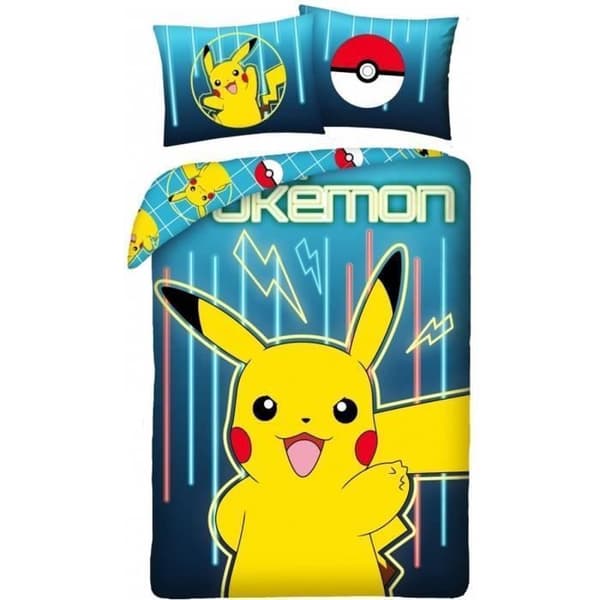 Pokemon - Barnsängkläder i bomull Pikachu Neon Enkelsäng, Påslakan 140x200 cm, ett örngott