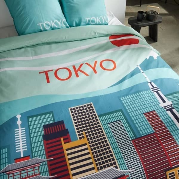 Bäddset - TODAY - JAVA - 2 personer - 240x220 cm - Bomull - Tokyo-tryck - Blå
