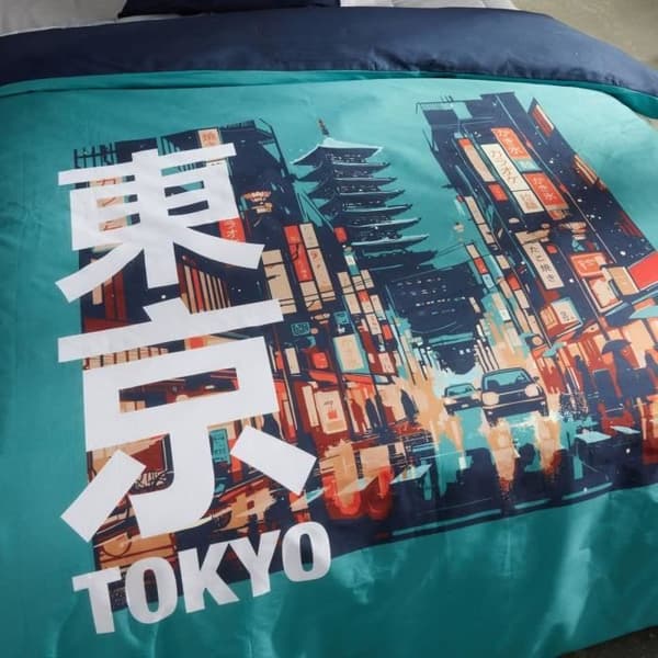 Bäddset - TODAY - JAVA - 2 personer - 240x220 cm - Bomull - Tokyo-tryck - Turkos