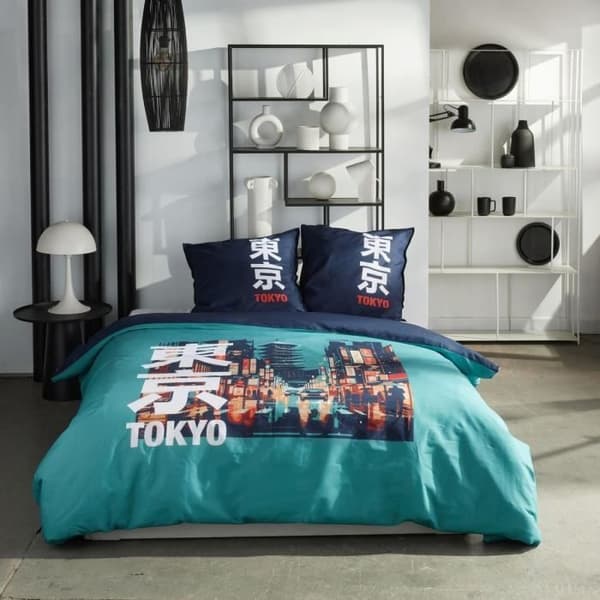 Bäddset - TODAY - JAVA - 2 personer - 240x220 cm - Bomull - Tokyo-tryck - Turkos