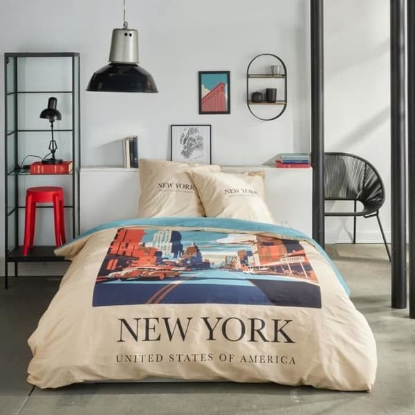 Bäddset - TODAY - JAVA - 2 personer - 240x220 cm - Bomull - New York-tryck - Beige