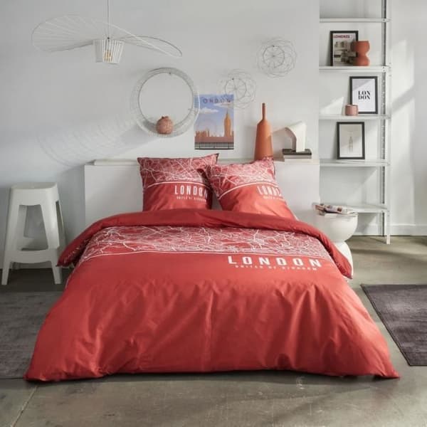 Pussilakanasetti - TODAY - JAVA - 2 hengelle - 240x220 cm - Puuvilla - Lontoo-kuvio - Punainen