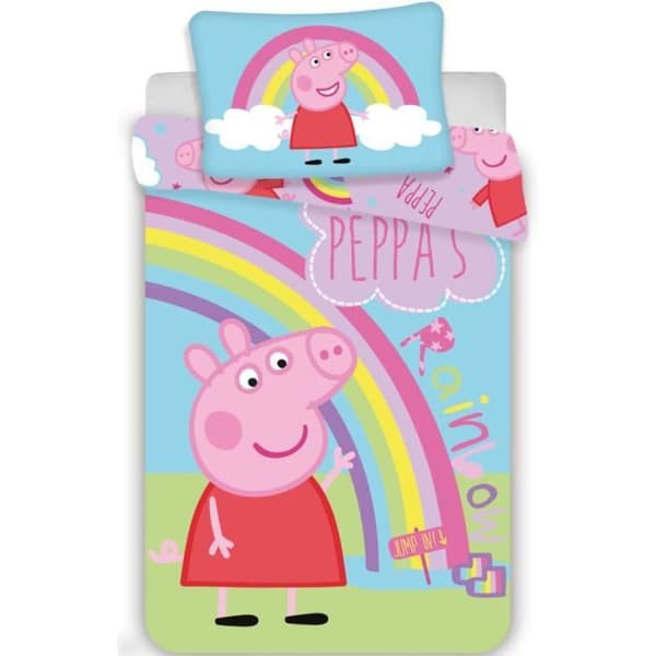 Sängkläder - Peppa Pig - Barnlakan 100x135 cm - Kuddfodral 40x60 cm - 100% bomull - Regnbåge