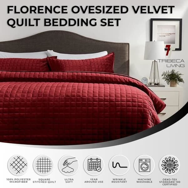 Tribeca Living Florence Överdimensionerat sängset i enfärgad sammet, Bordeaux, tvåbäddsrum