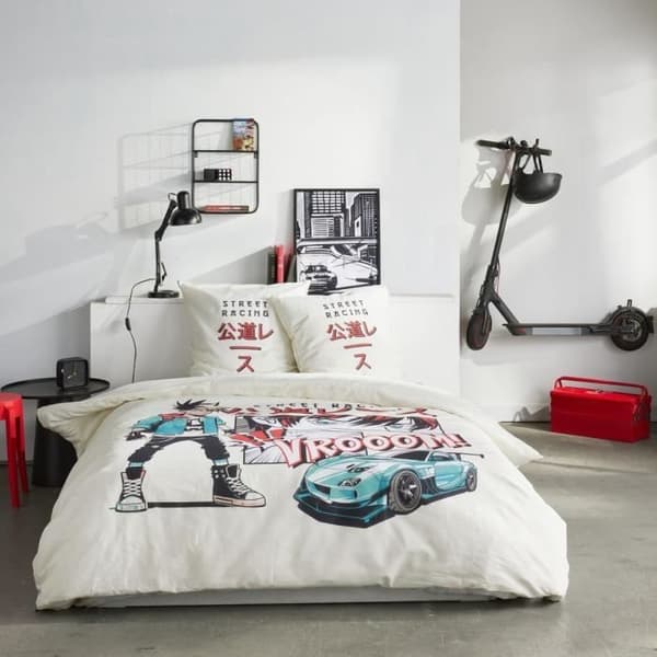 Sengesæt - TODAY - JAVA - 2 personer - 240x220 cm - Bomuld - Street racing print - Hvid
