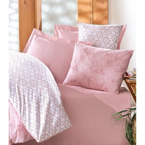 Sängkläder - 1 duvetöverdrag 220 x 240 cm + 2 örngott 60 x 60 cm - 100% förstärkt bomull - Rosa