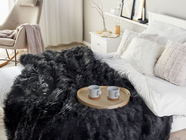 Överkast Svart Polyester Akryl 200 x 220 cm Fuskpäls Lättskött Mjuk Sovrum