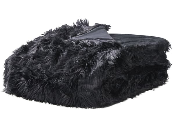 Överkast Svart Polyester Akryl 200 x 220 cm Fuskpäls Lättskött Mjuk Sovrum