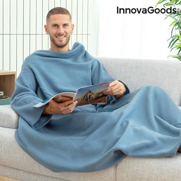 Långärmad filt med mittficka - EUROWEB - Blå - Polyester - 130 x 170 cm