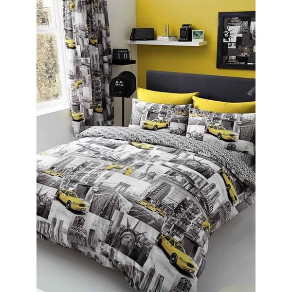New York Duvet Cover Set Grey/Yellow/Black Double