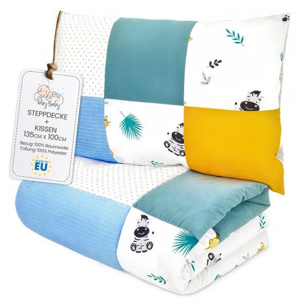Handgjorda lapptäcken barntäcken 100x135 - barntäckenset med kuddar barnfilt med kuddar barnkammare täcken bomull safari mango
