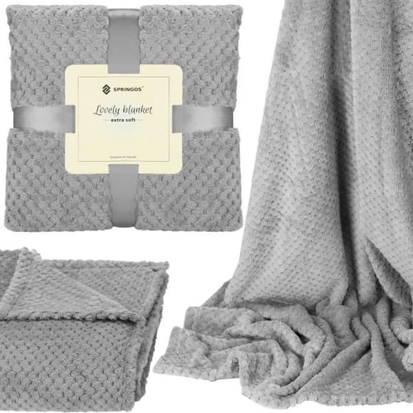Filt - SPRINGOS - Täcke 200x220 cm - 100% polyester - Grå - Mjuk konsistens