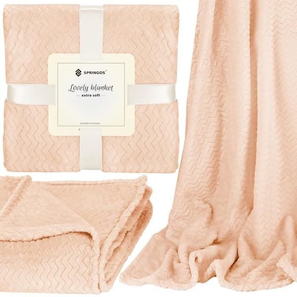 Filt - SPRINGOS - Mjuk pläd 200x220 cm - Polyester 100% - Sicksack - Gammelrosa