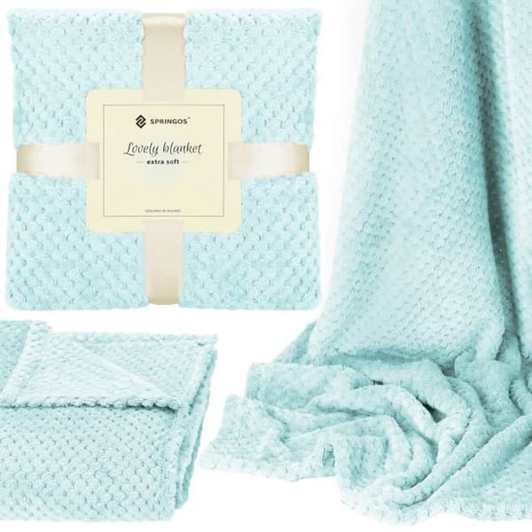 SPRINGOS mysig filt - 200x220 cm - 100% polyester med textur - ljusblå