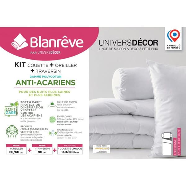 Pack Mycket varmt Blanrêve täcke 140 x 200 + Kudde 60 x 60 + "Comfort" Polycotton 90 kuddtopp med Soft &amp; care Anti-mite behandling