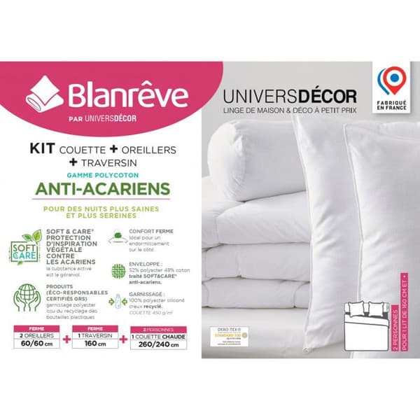 Couette Blanrêve mycket varm 260 x 240 + 2 Kuddar 60 x 60 + Polochon 160 "Confort" behandlad mot kvalster Soft &amp; care