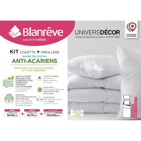 Pack Mycket varmt Blanrêve täcke 140 x 200 + Kudde 60 x 60 + Kudde 45 x 70 "Comfort" polycotton med anti-kvalsterbehandling