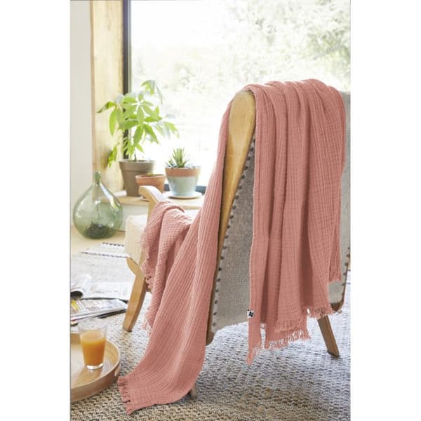 Fransad filt "Gaïa" alla storlekar "Cotton Gauze" - Gaïa Peach Pink - 180 x 220 cm